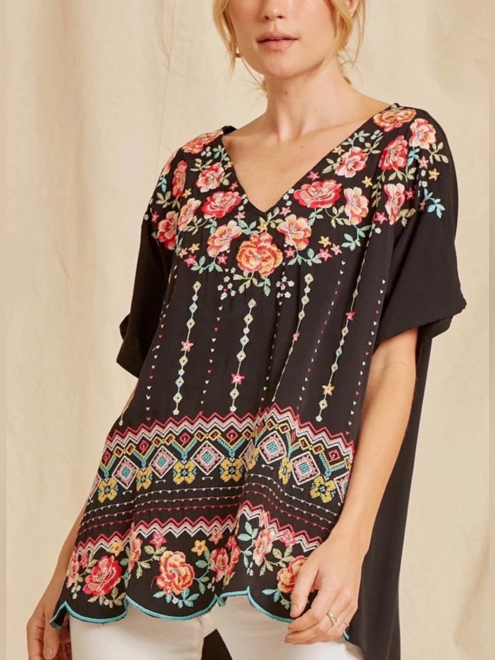 Savannah Jane Embroidered Black V-Neck Floral Women's Top